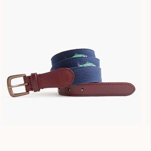 J. Crew Factory Blue Fish Pattern Belt with Brown Leather Mens size 36